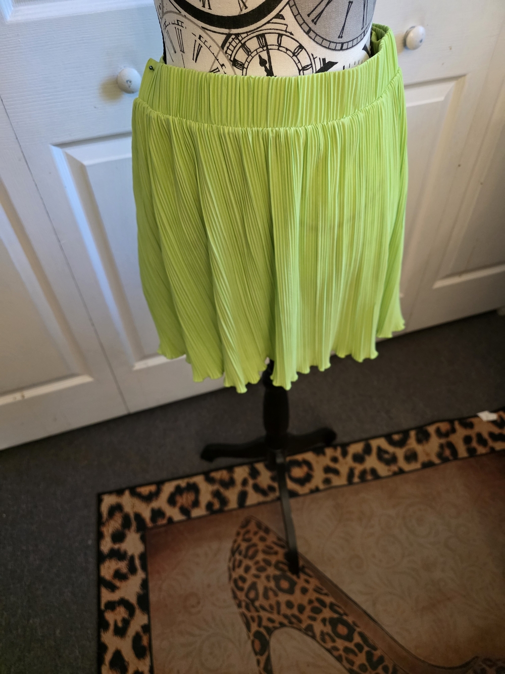Pleated Neon Green Skater Skirt with Elastic Waist